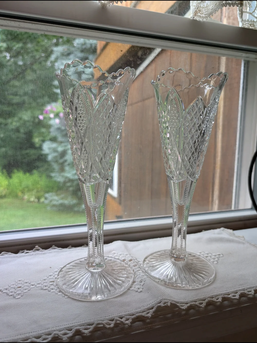 Duncan and Sons Diamond Cut Glass Crystal-Style Pair of Etched Fluted Vases